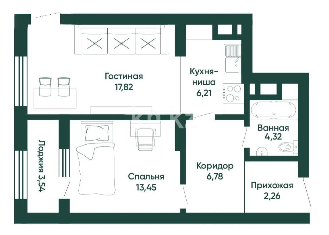Продажа 2-комнатной квартиры, 57 м² в Астане