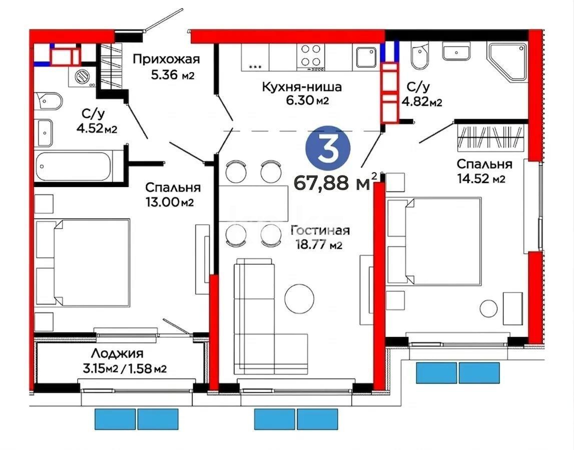 Продажа 3-комнатной квартиры, 67.88 м² - Продажа трехкомнатных квартир от собственников в Алматы - страница 2 фото 1 из 1