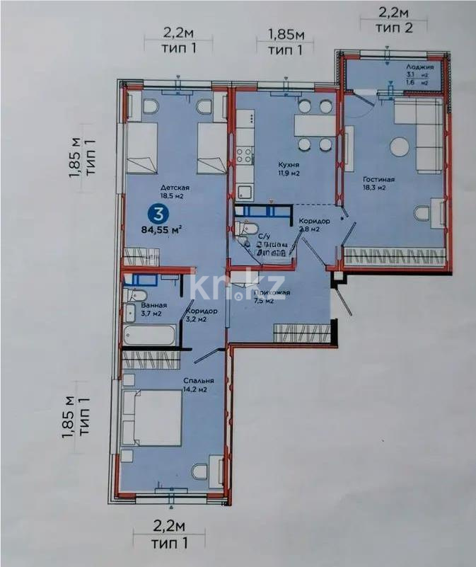Продажа 3-комнатной квартиры, 84.55 м², ул. Е-103, дом  5а - Продажа квартир в Казахстане фото 1 из 1