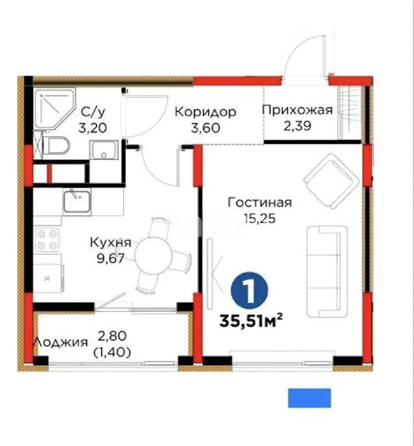 Продажа 1-комнатной квартиры, 35.5 м² в Астане