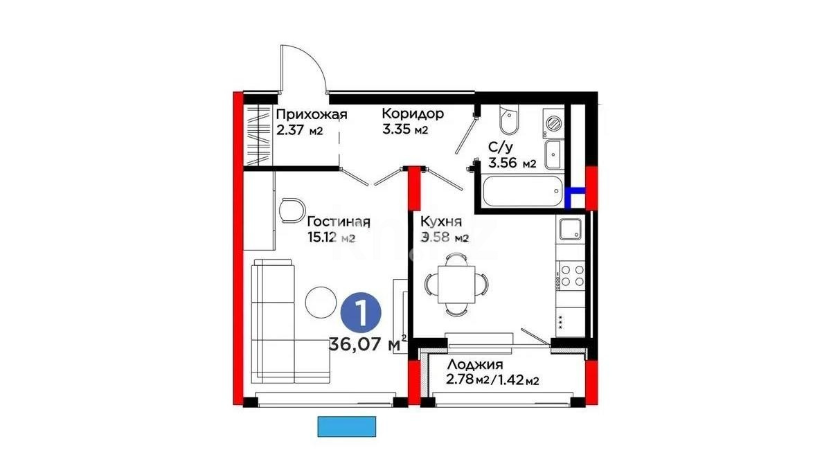 Продажа 1-комнатной квартиры, 36 м² в Астане