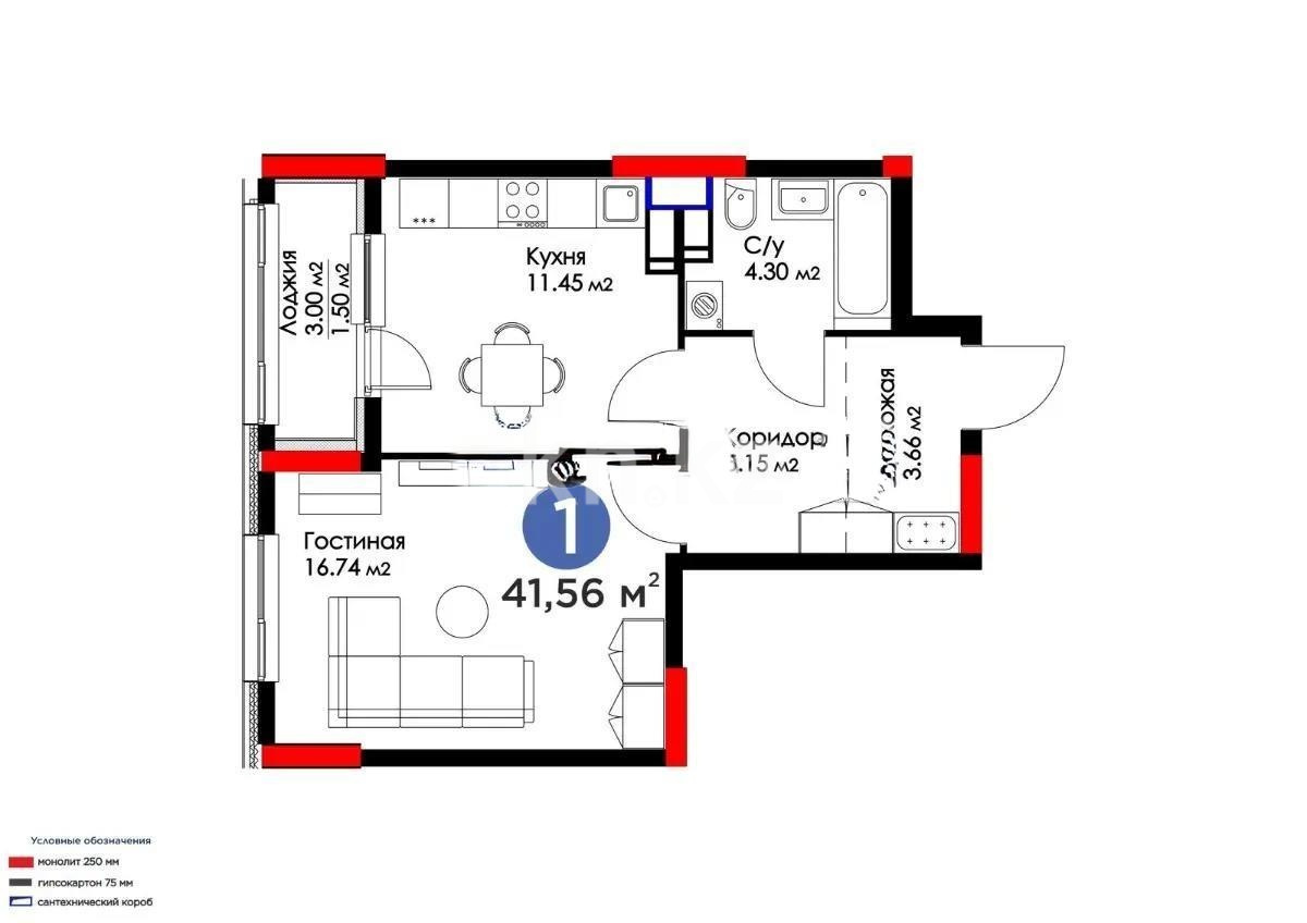Продажа 1-комнатной квартиры, 41.56 м² - Продажа однокомнатных квартир в р-не Нура Астаны фото 4 из 4