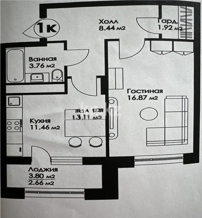 Продажа 1-комнатной квартиры, 45.11 м² - Продажа однокомнатных квартир в блочном доме в Астане - страница 3 фото 1 из 1