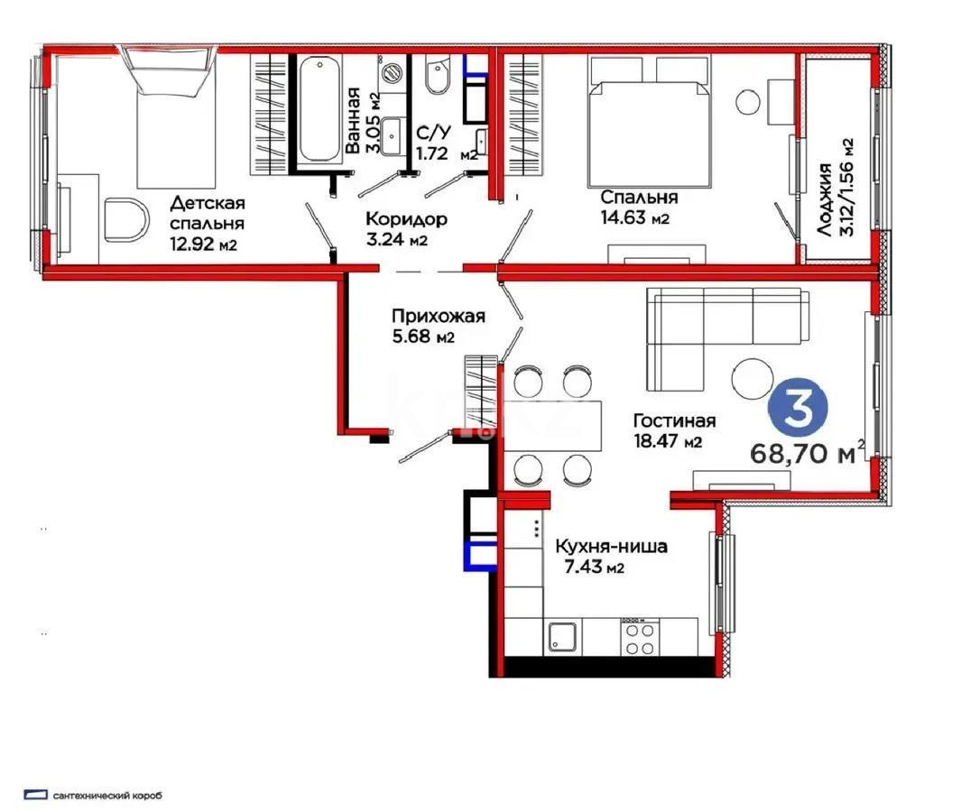 Продажа 3-комнатной квартиры, 68.7 м², пр. Туран, дом  57/7 - Продажа  трехкомнатных квартир в новостройках Астаны фото 1 из 1