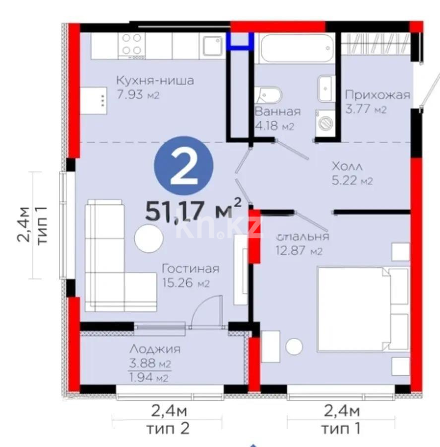 Продажа 2-комнатной квартиры, 52 м² в Астане