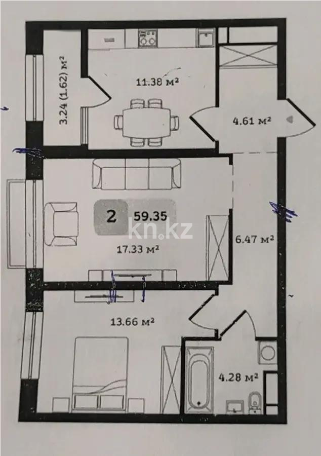 Продажа 2-комнатной квартиры, 59.35 м², ул. Туркестан, дом  115 - Продажа  двухкомнатных квартир в новостройках Алматы без посредников фото 1 из 1