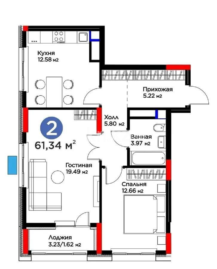 Продажа 2-комнатной квартиры, 61.34 м², ул. Хусейна бен Талала, дом  39 в Астане - фото 6