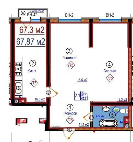 Продажа 2-комнатной квартиры, 67.7 м², мкр-н Нуркент, дом  6/2 - Продажа квартир в Алматы фото 1 из 1