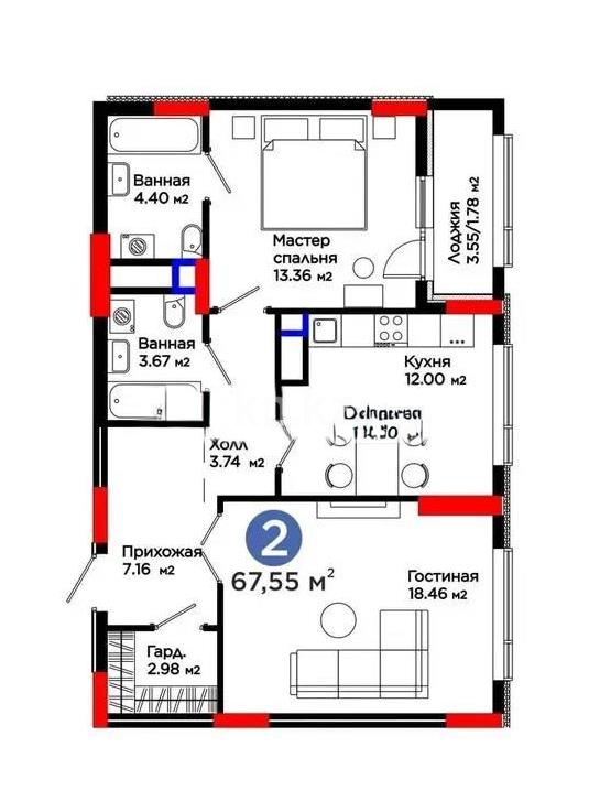 Продажа 2-комнатной квартиры, 67.55 м² в Астане