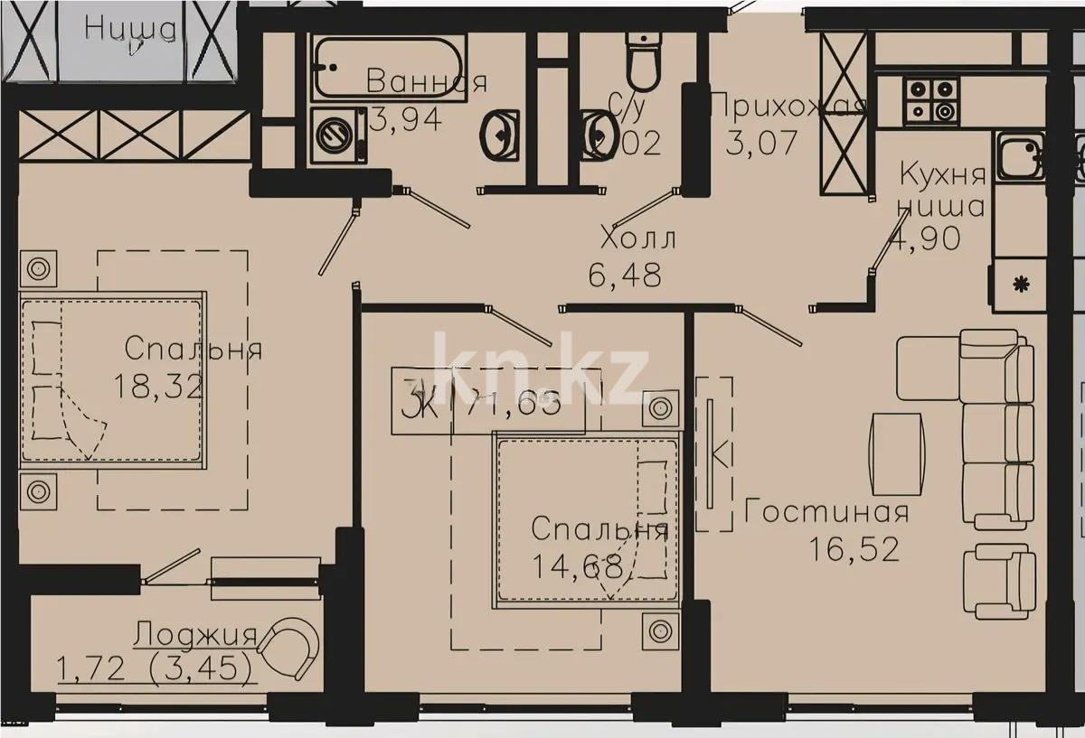 Продажа 3-комнатной квартиры, 71.65 м², пр. Мангилик Ел, дом  63/1 - Продажа квартир в Казахстане фото 1 из 1