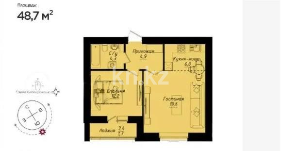Продажа 2-комнатной квартиры, 48.7 м² в Астане