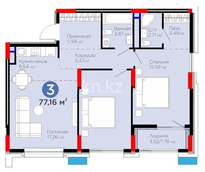 Продажа 3-комнатной квартиры, 77.29 м², ул. Е-899, дом  7 стр в Астане