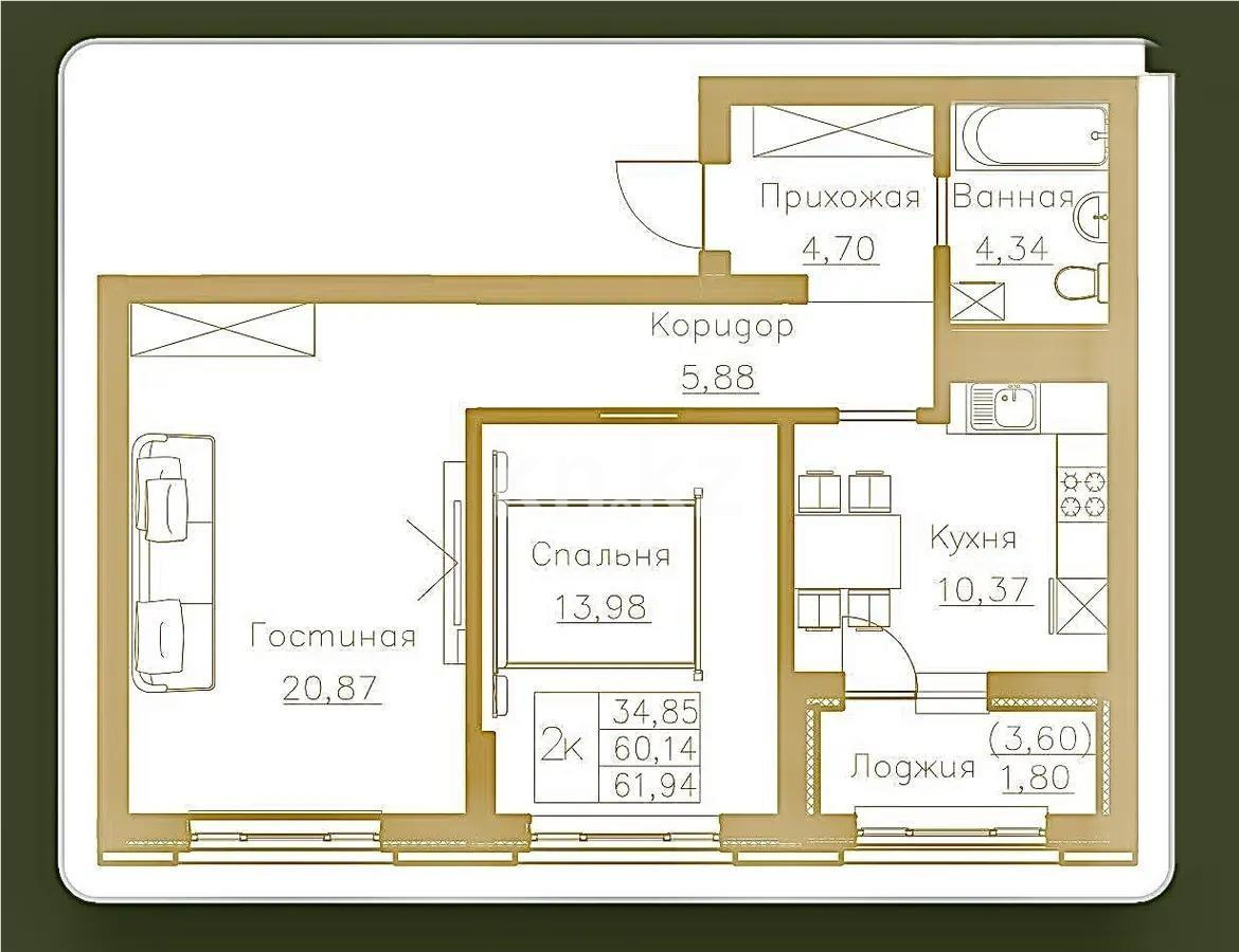 Продажа 2-комнатной квартиры, 62.55 м², ул. Е-908, дом  24 - Продажа квартир в Астане фото 1 из 1