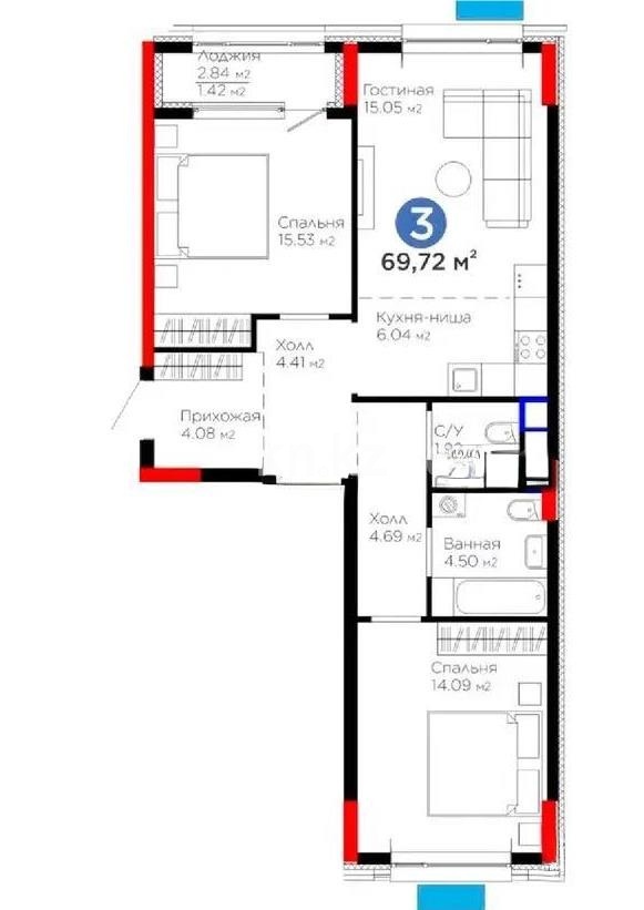 Продажа 3-комнатной квартиры, 69.72 м² в Астане