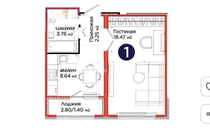 Продажа 1-комнатной квартиры, 34.52 м² в Астане