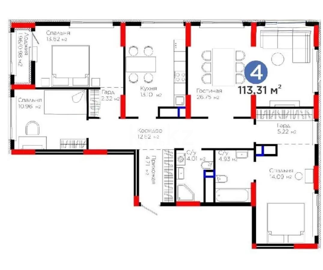 Продажа 4-комнатной квартиры, 113.5 м² в Астане