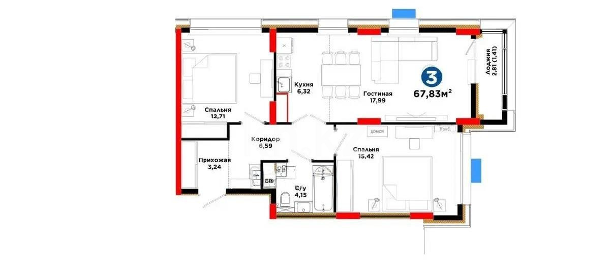 Продажа 3-комнатной квартиры, 67.83 м² в Астане