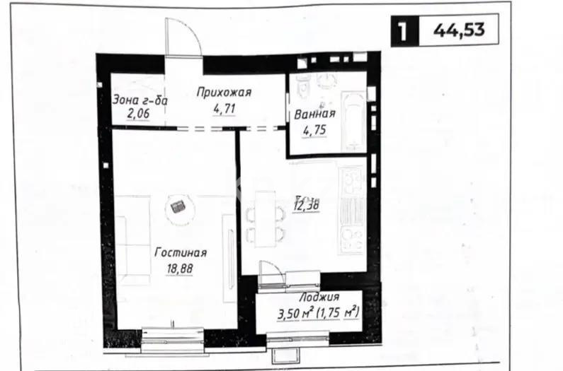 Продажа 1-комнатной квартиры, 44.53 м² в Астане