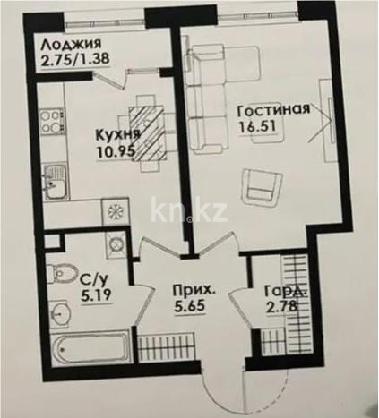 Продажа 1-комнатной квартиры, 42.46 м² в Алматы