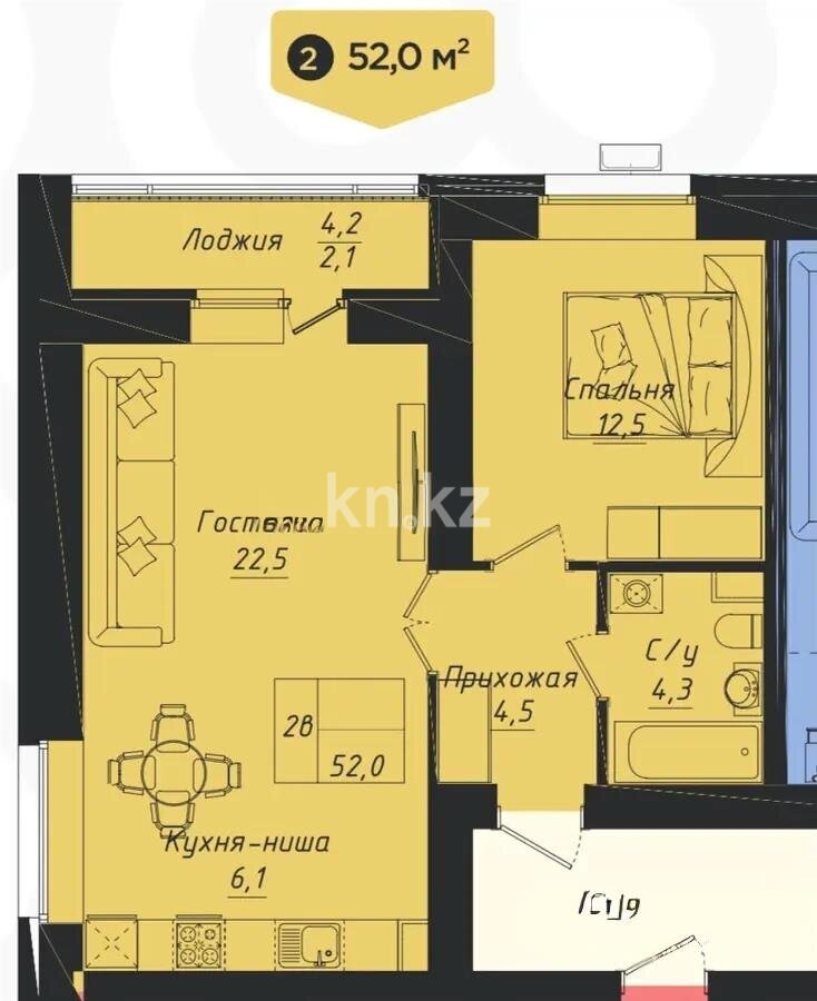 Продажа 2-комнатной квартиры, 52 м² в Астане
