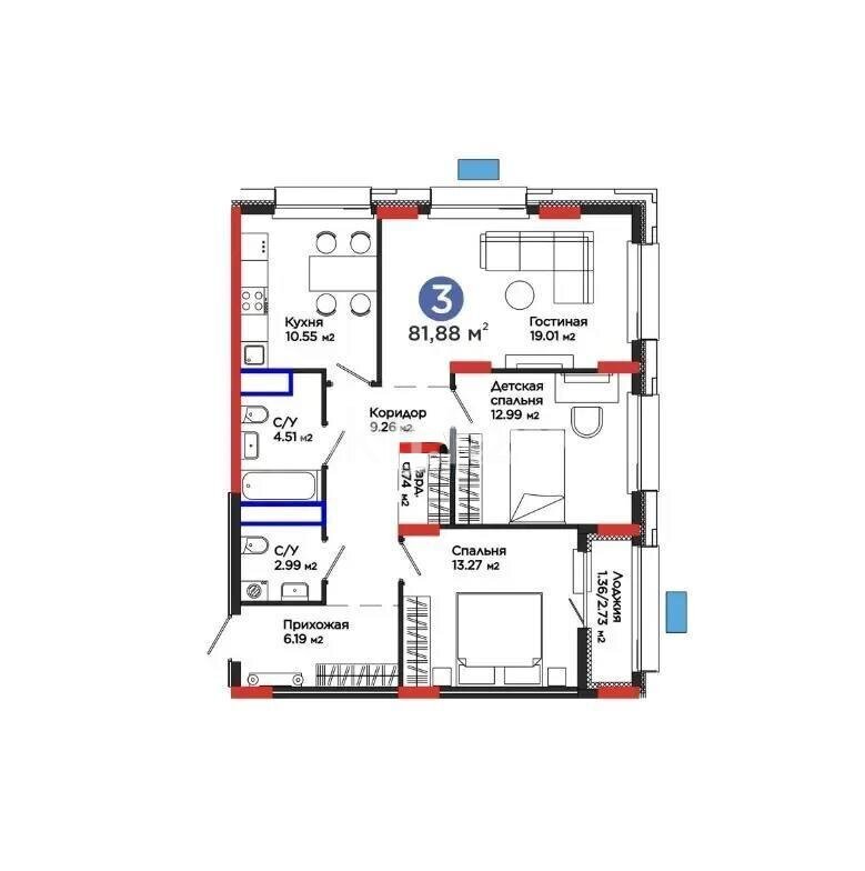 Продажа 3-комнатной квартиры, 81 м² в Астане