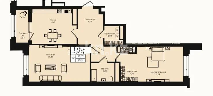 Продажа 2-комнатной квартиры, 79.31 м² в Астане