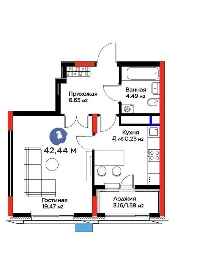 Продажа 1-комнатной квартиры, 42.44 м² в Астане