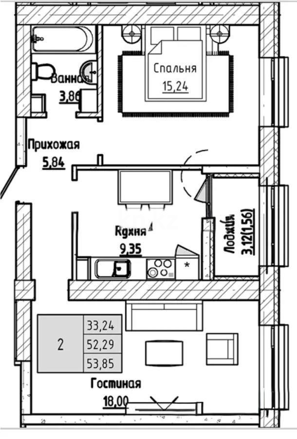 Продажа 2-комнатной квартиры, 53.85 м² в Астане