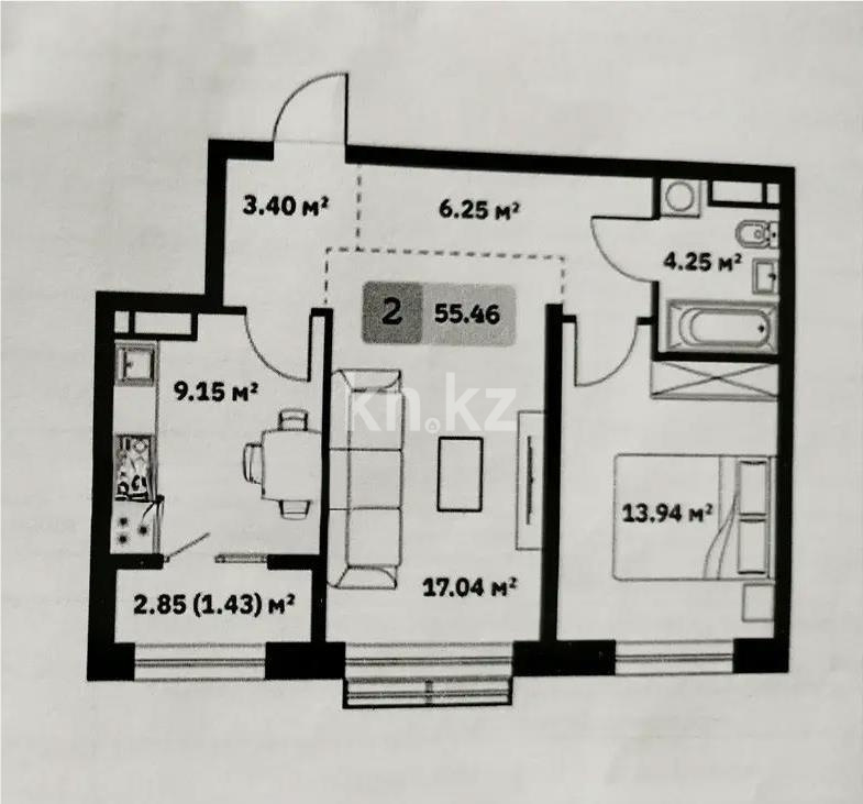 Продажа 2-комнатной квартиры, 55.46 м² в Алматы