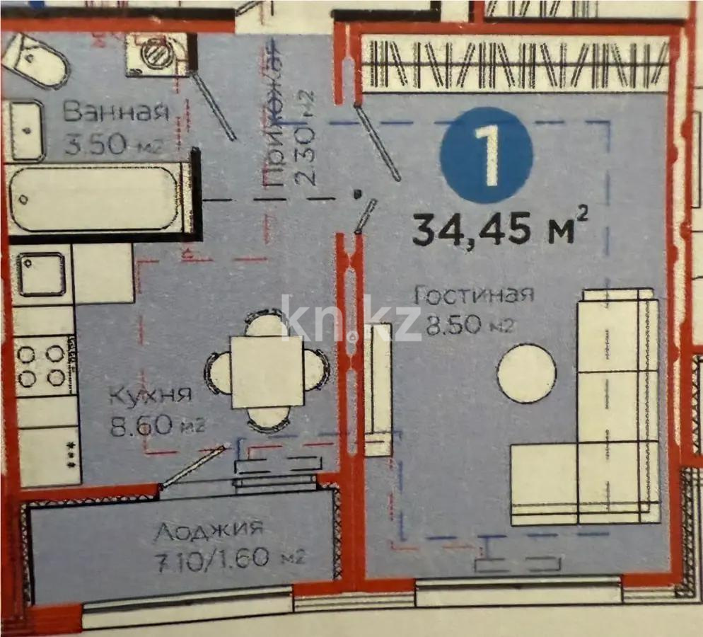 Продажа 1-комнатной квартиры, 34.45 м², ул. Е-509, дом  7 - Продажа квартир в новостройках Астаны фото 1 из 1