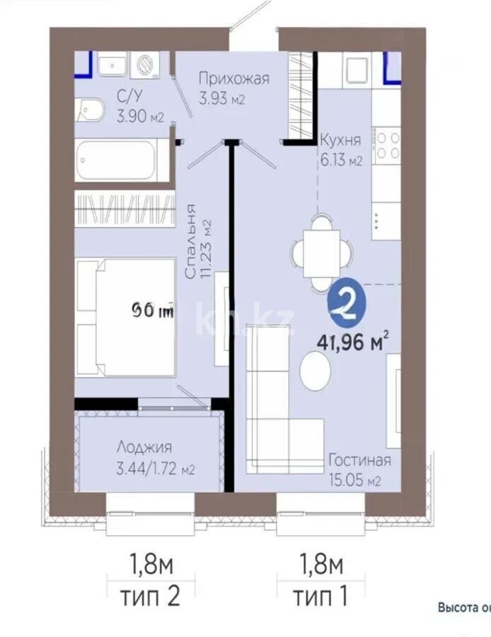 Продажа 2-комнатной квартиры, 41.9 м² в Астане