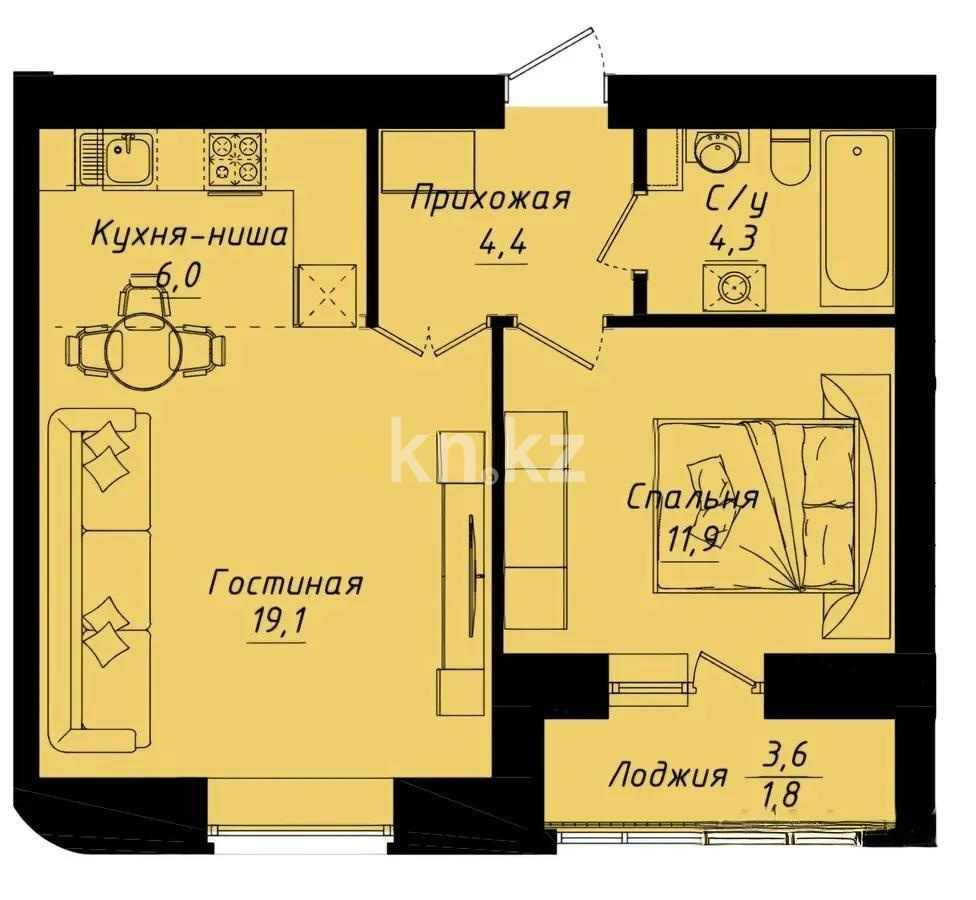 Продажа 2-комнатной квартиры, 48.7 м² в Астане