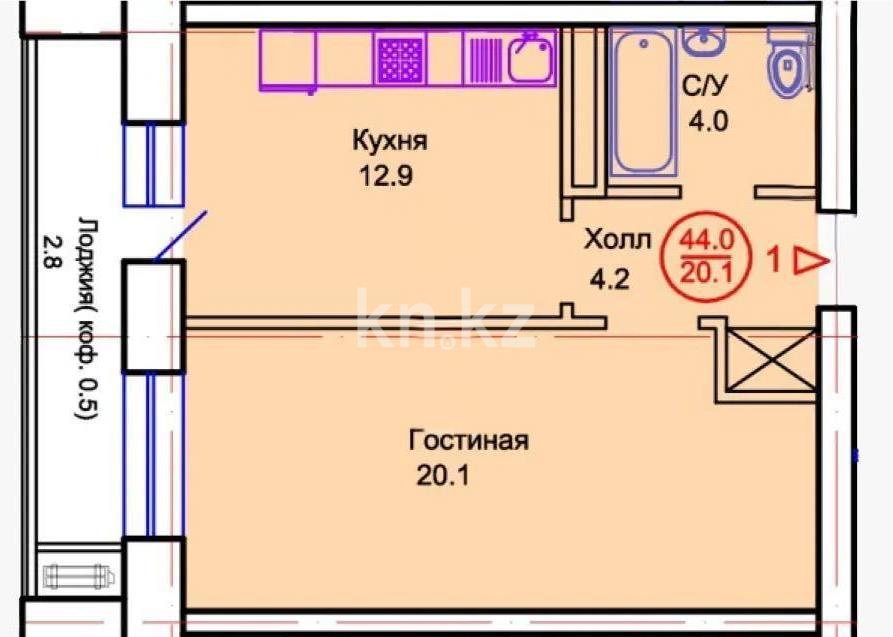 Продажа 1-комнатной квартиры, 44 м², пр. Тауелсыздык, дом  34/8 стр - Продажа квартир в Астане фото 1 из 1