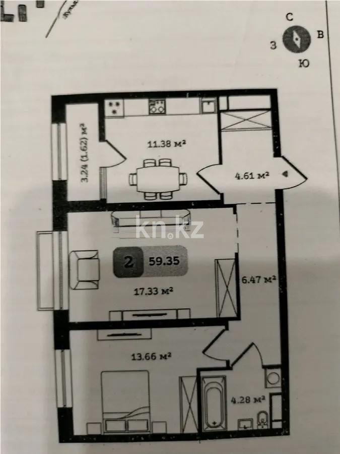 Продажа 2-комнатной квартиры, 59.35 м², ул. Туркестан, дом  115 - Продажа квартир в Алматы фото 1 из 1