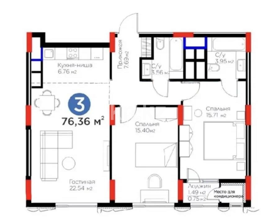 Продажа 3-комнатной квартиры, 76.36 м² в Астане
