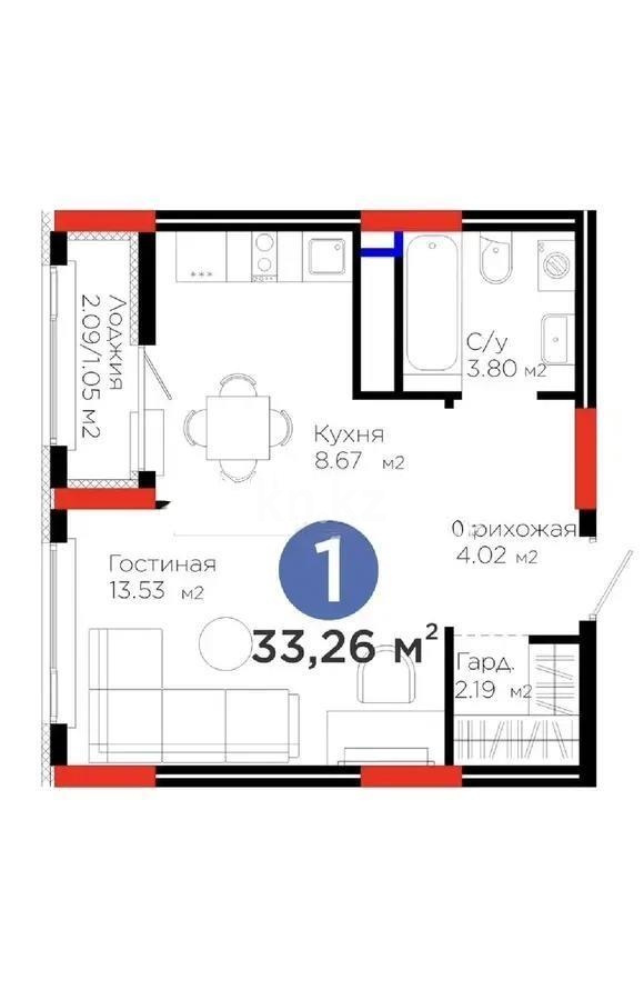 Продажа 1-комнатной квартиры, 33.26 м² в Астане