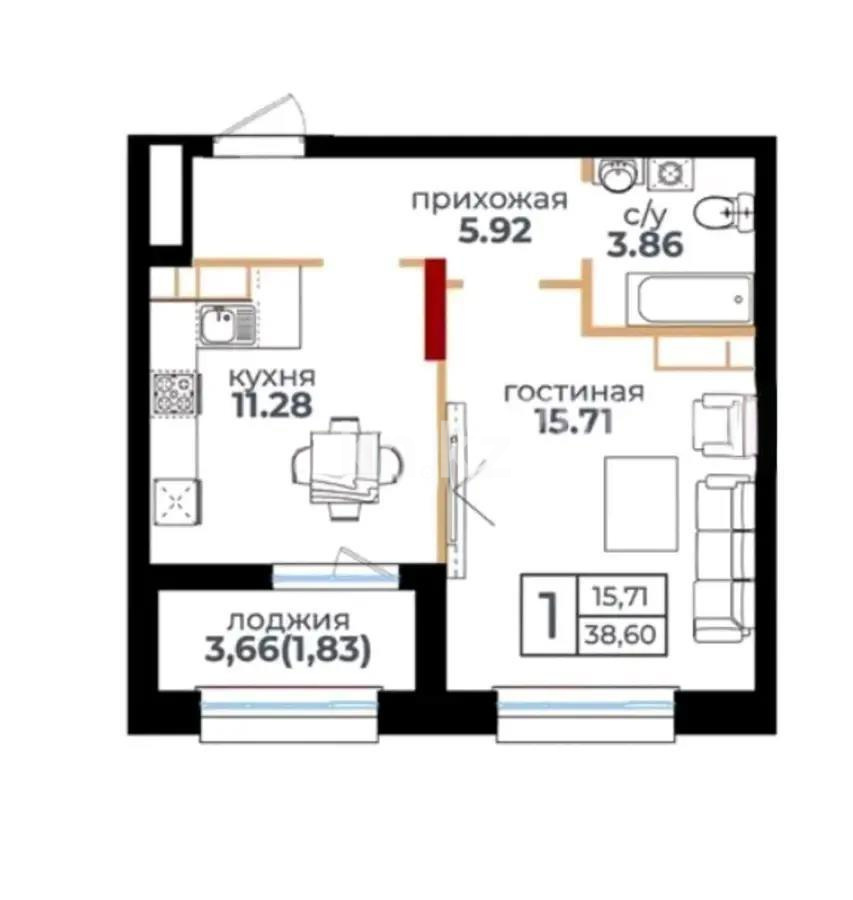 Продажа 1-комнатной квартиры, 39.01 м², ул. Байтурсынова, дом  47 стр - Продажа квартир в Астане фото 1 из 1