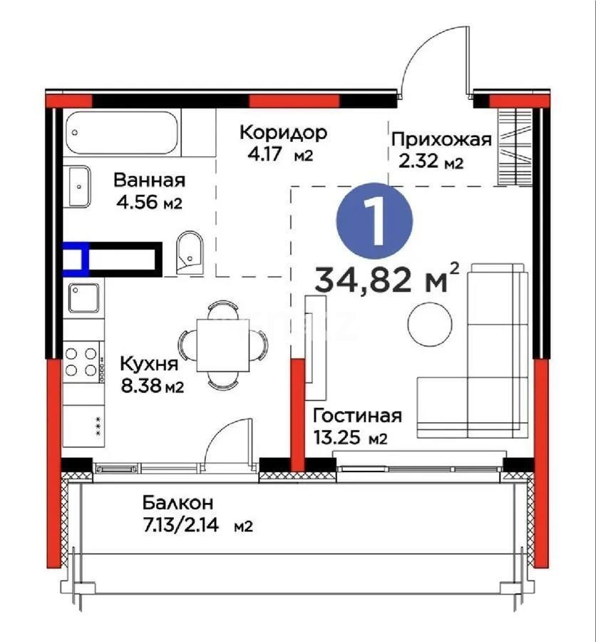 Продажа 1-комнатной квартиры, 34.82 м² - Продажа однокомнатных квартир в Алматы фото 2 из 2