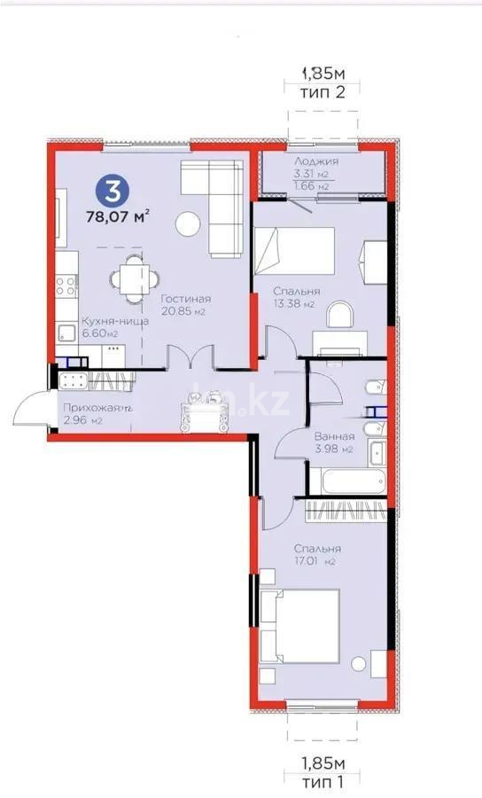 Продажа 3-комнатной квартиры, 78.07 м², ул. Тараз, дом  8/18 стр - Продажа  трехкомнатных квартир в новостройках Алматы фото 3 из 3