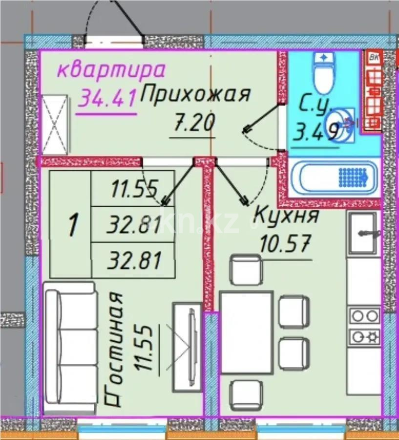 Продажа 1-комнатной квартиры, 34.41 м² - Продажа однокомнатных квартир в Казахстане - страница 6 фото 1 из 1