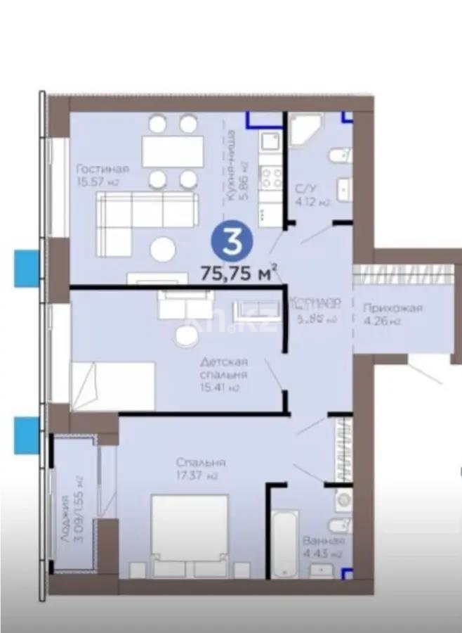Продажа 3-комнатной квартиры, 75.75 м² в Астане
