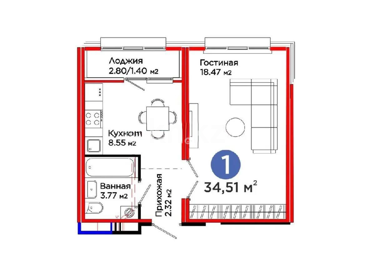 Продажа 1-комнатной квартиры, 34.51 м², пр. Улы Дала, дом  14 стр в Астане