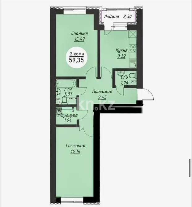 Продажа 2-комнатной квартиры, 59.35 м² в Астане