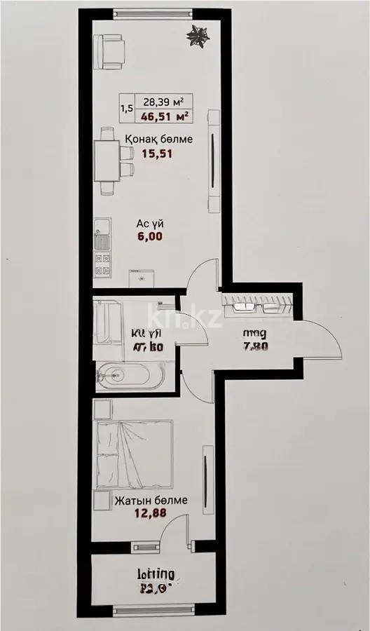 Продажа 2-комнатной квартиры, 46.51 м², ул. Момышулы, дом  11/1 в Алматы - фото 4