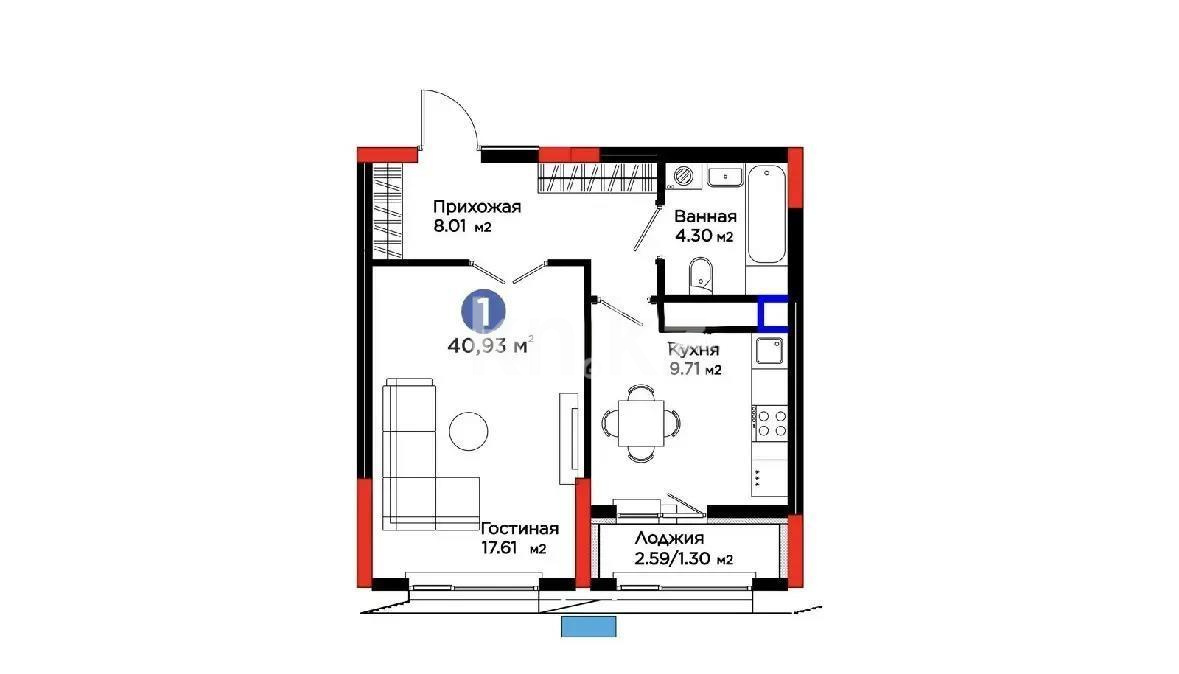 Продажа 1-комнатной квартиры, 40.93 м², ул. Рыскулова, дом  18/1 - Продажа квартир в Астане фото 1 из 1