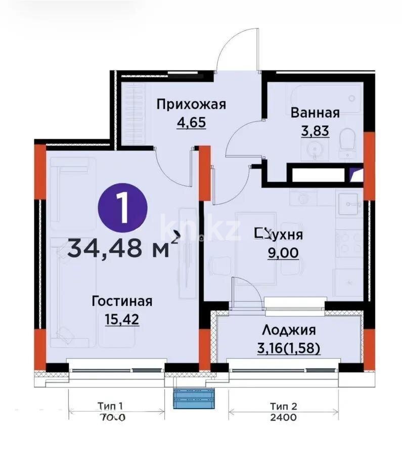 Продажа 1-комнатной квартиры, 35 м² в Астане