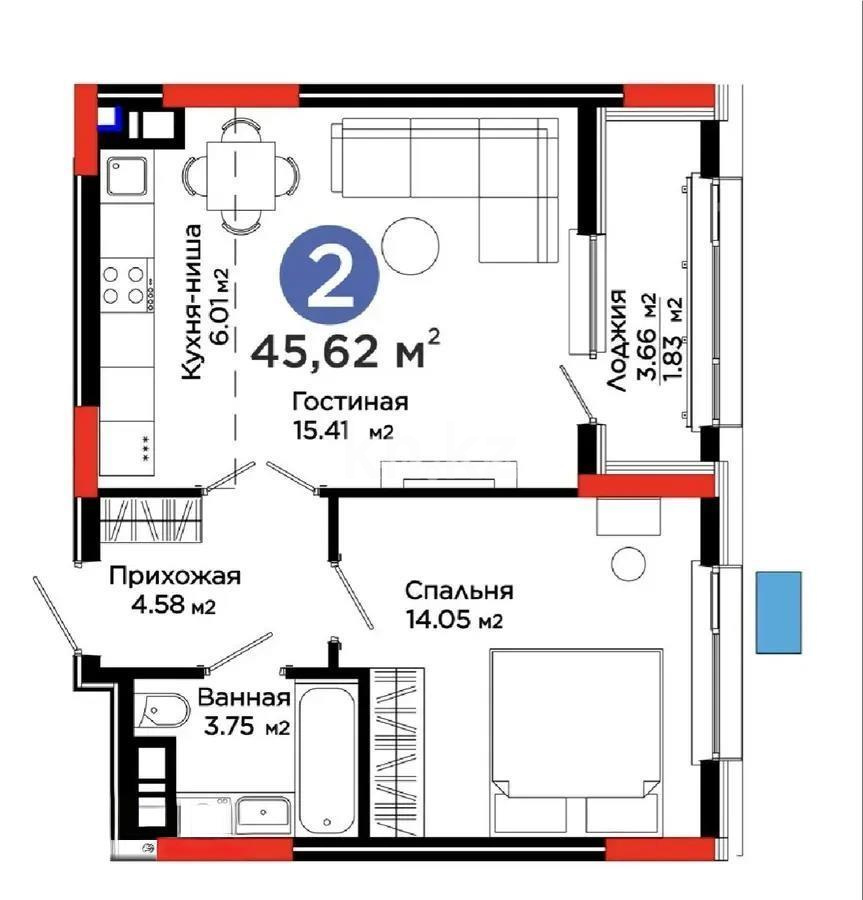 Продажа 1-комнатной квартиры, 45.62 м², ул. Е-321, дом  6/2 - Продажа квартир в Астане фото 3 из 3