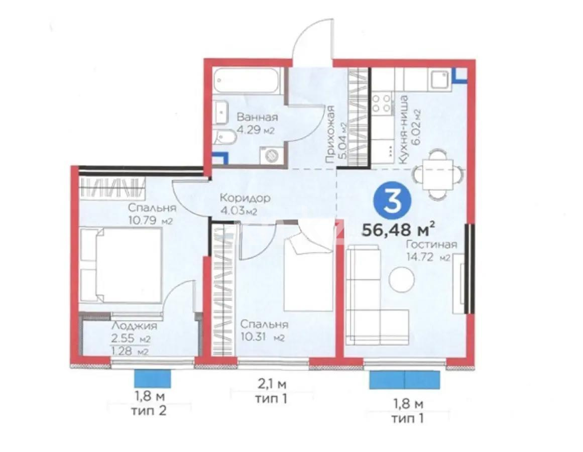 Продажа 3-комнатной квартиры, 56.48 м², ул. Момышулы, дом  11/14а - Продажа квартир в новостройках Алматы без посредников с фото фото 1 из 1