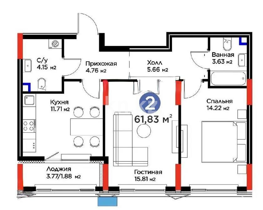 Продажа 2-комнатной квартиры, 62 м², ул. Бухар жырау, дом  33 - Продажа квартир в Астане без посредников фото 1 из 1