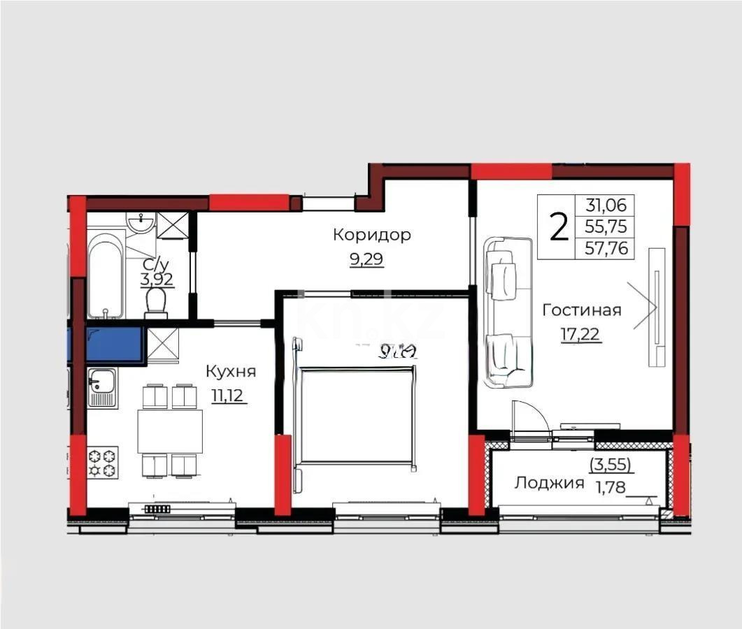 Продажа 2-комнатной квартиры, 57 м² в Астане